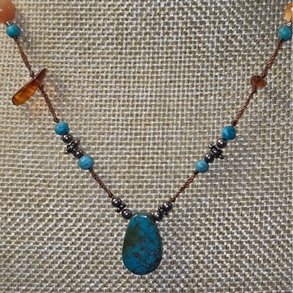 Treska Turquoise Orange Gemstone Beaded Necklace Copper Tone Boho Jewelry - Picture 6 of 7